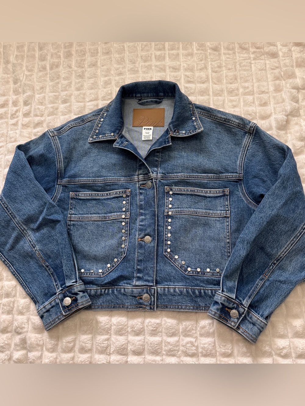 PINK Victoria's Secret Small Studded Denim Jacket ~ Cropped Oversized Trucker